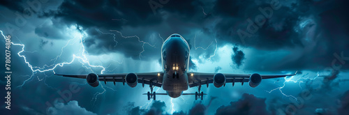 Commercial aircraft in stormy skies with intense lightning