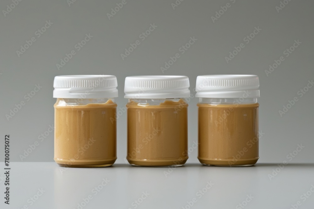 Still life of three full jars of creamy peanut butter aligned on a simple background. Three Jars of Peanut Butter on a Table Still life of three full jars of creamy peanut butter aligned on a simple background. Three Jars of Peanut Butter on a Table