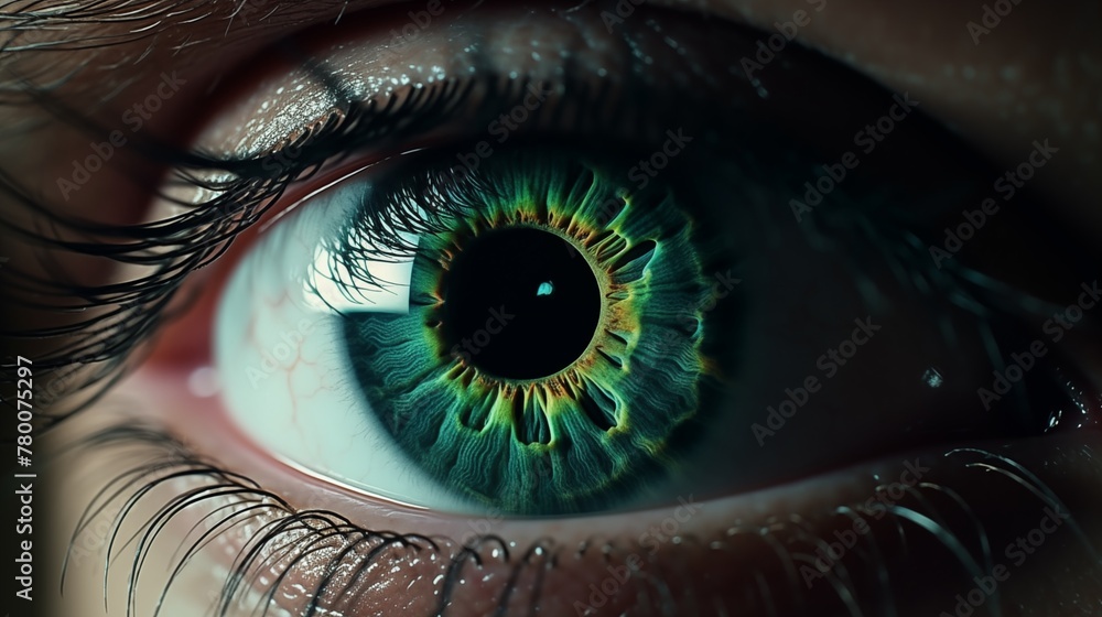 a close up of a person's eye with a green iris and a black circle in the center of the iris of the eye.