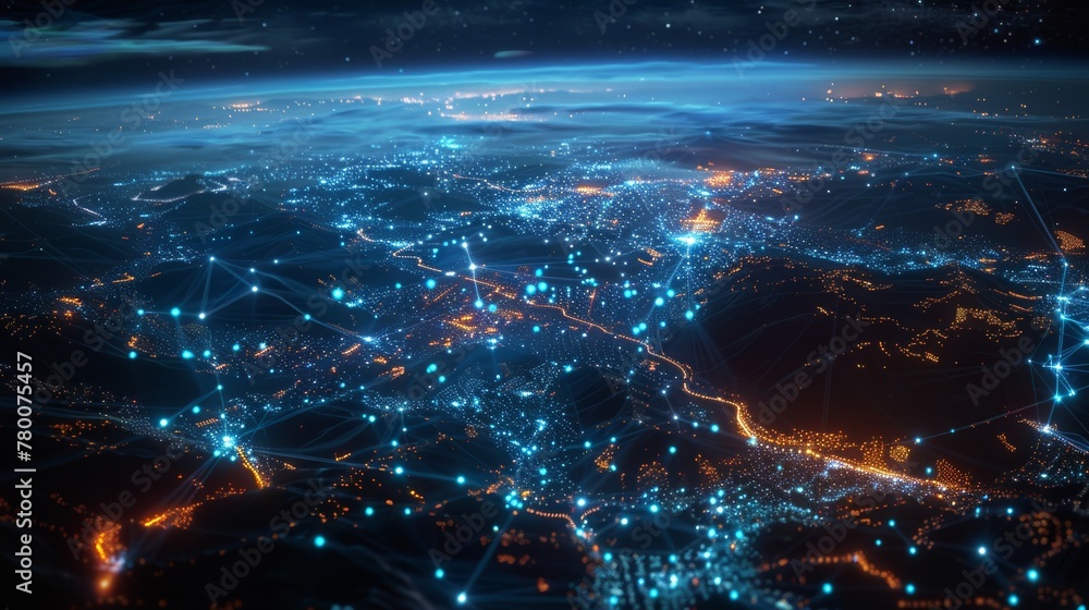 Night view of the city from space, glowing blue lights on global network connections and roads around it with connecting lines to other cities, glowing background, black sky, aerial view