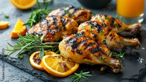 Grilled chicken with orange sauce and orange slices on a black stone plate