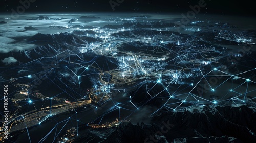 Night view of the city from space, glowing blue lights on global network connections and roads around it with connecting lines to other cities, glowing background, black sky, aerial view © MD Media