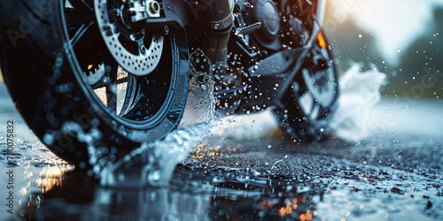 A motorcycle is in the rain, with water splashing up from the ground. Concept of adventure and excitement, as the rider braves the wet conditions