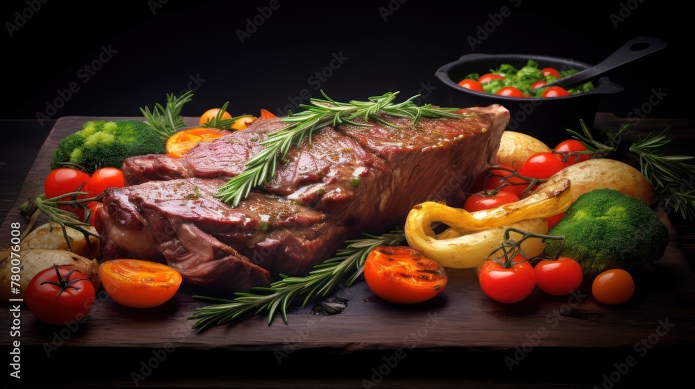 baked meat with vegetables on a dark background baked meat with vegetables on a dark background