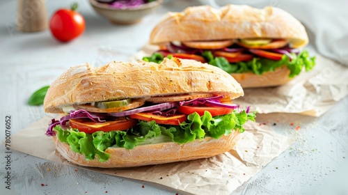 Delicious crusty baguette sandwich with fresh vegetables and gourmet cheese for a healthy lunch