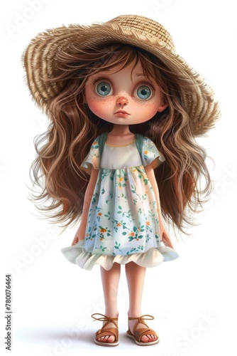 A little girl with long brown hair and big green eyes. She is wearing a straw hat, a blue floral dress, and brown sandals. She has a sly look on her face.