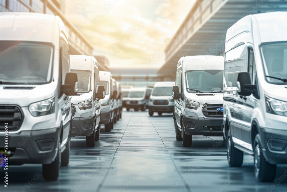 Delivery Vans In A Row With distribution Warehouse in The background. Concept for: Express Delivery and Shipment Service ,-) Delivery Vans In A Row With distribution Warehouse in The background. Concept for: Express Delivery and Shipment Service ,-)