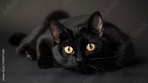 portrait of a black cat, photo studio set up with key light, isolated with black background and copy space