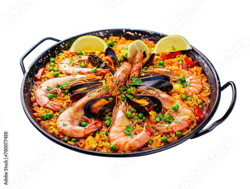 Spanish paella with prawns in a paella pan isolated with transparent background. AI generative.