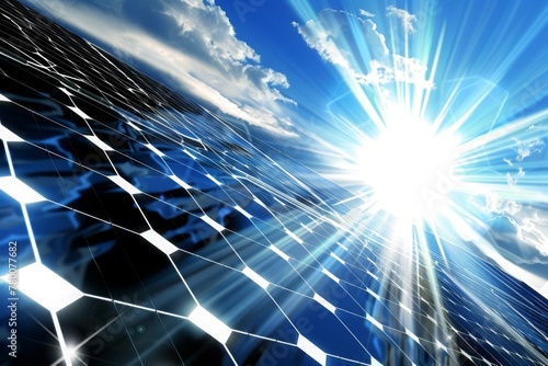 3D illustration of a close-up of a Solar Panel (photovoltaic panel) with the reflection of a blue sky with clouds and sun rays