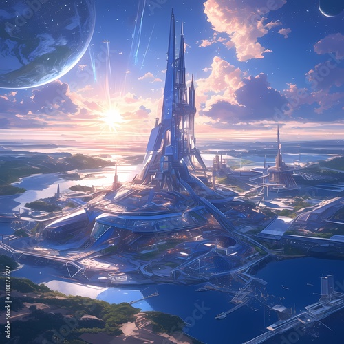 Emerging Sunlight Illuminates Futuristic CCS Mega-Complex with Towering Skyscrapers, Advanced Tech, and Surrounding Ecosystem