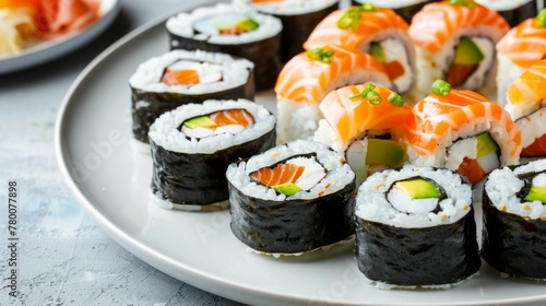 Delectable sushi platter with salmon, avocado, rice, nori, roll, and Japanese elements