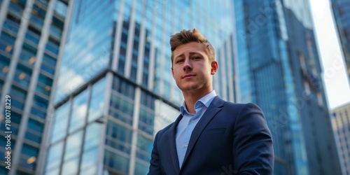 Portrait with a skyscraper background. A young businessman in a stylish suit. A businessman Standing in front of a skyscraper