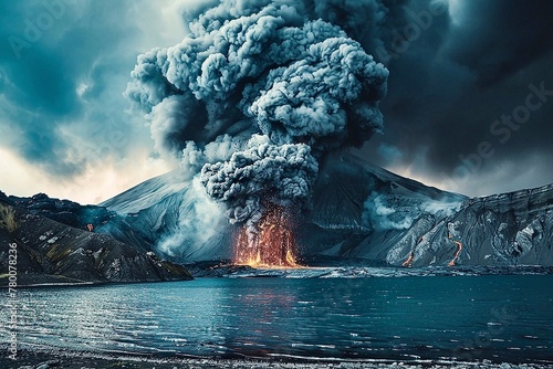Eruption of a volcano near a lake with lava and a large smoke of ash rising into the sky photo