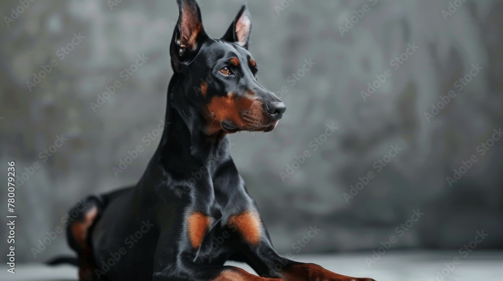 Elegant Doberman Pinscher sitting in a studio portrait displaying its black and brown coat