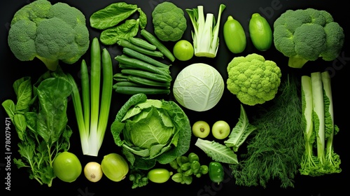 Fresh various green vegetables isolated on dark background. Healthy food concept.