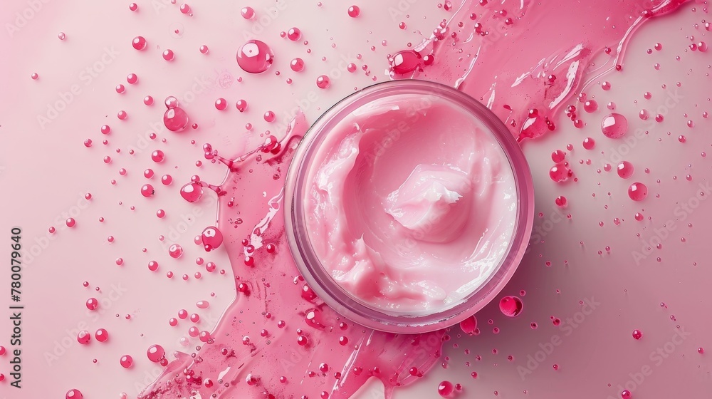 Top view of pink skincare cream splashed - obrazy, fototapety, plakaty 