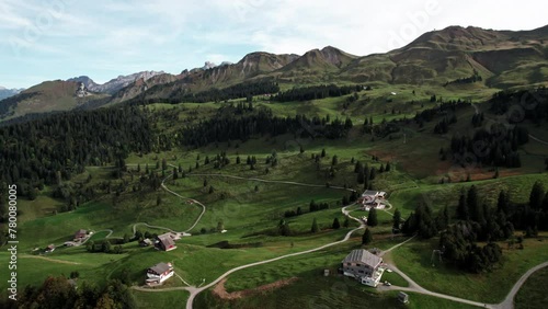 Aerial drone view of Stoos village in Swiss Alps. Mountains of Switzerland. Gentle forward movement