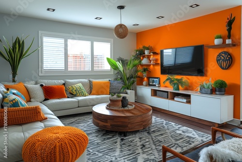 Modern Living Room With Orange and Blue Furniture