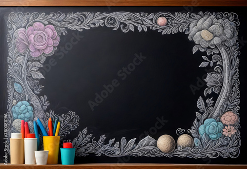 a chalkboard with flowers and other decorations
