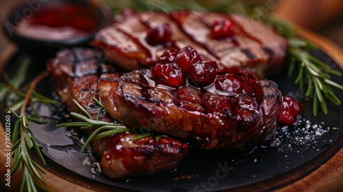 Grilled meat with lingonberry sauce. Lingonberries give the meat a bright taste and delicate aroma.