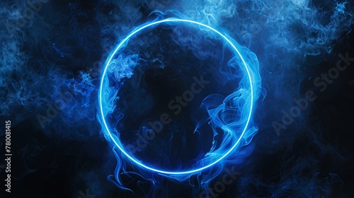 Neon Blue Color Geometric Circle on a Dark Background: Round Mystical Portal. Mockup for Your Logo. Futuristic Smoke. Mockup for Your Logo.