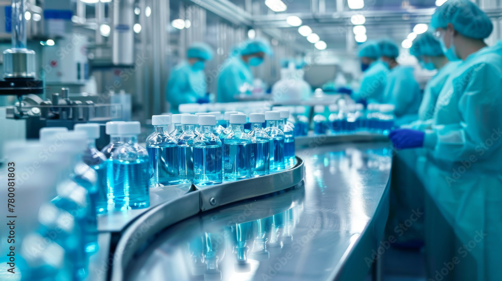 Sterile Pharmaceutical Manufacturing Line for Liquid Medications. Industrial pharmacists in protective gear handling liquid drug manufacturing on a sterile conveyor system. Sterile Pharmaceutical Manufacturing Line for Liquid Medications. Industrial pharmacists in protective gear handling liquid drug manufacturing on a sterile conveyor system.