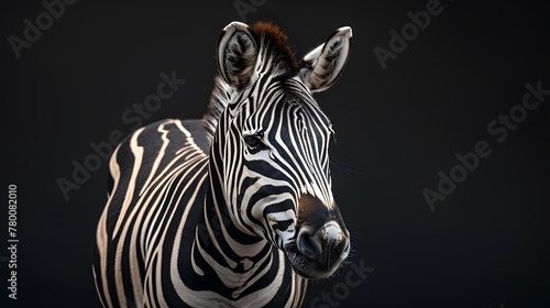 portrait of a zebra  photo studio set up with key light  isolated with black background and copy space