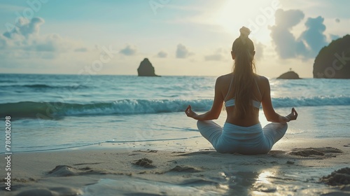 Serene meditation on a tropical beach at sunrise, perfect for wellness, tranquility, and travel themes.