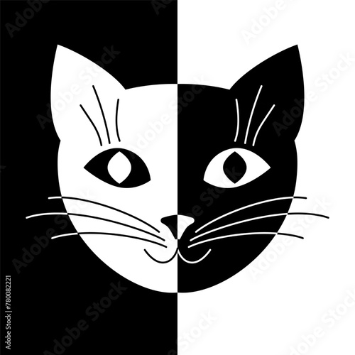 Simple and cute black and white cat. Vector illustration.
