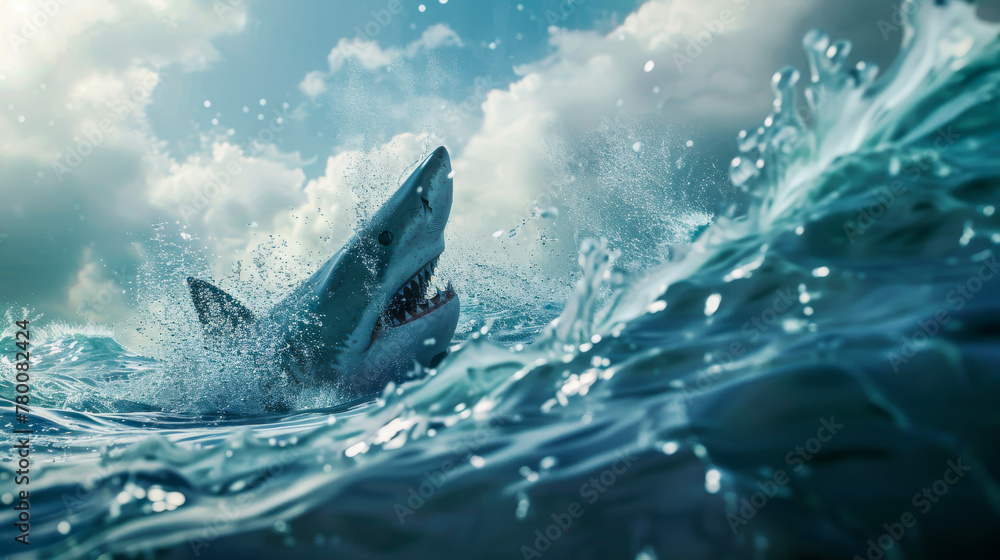Fototapeta premium A fierce great white shark emerges powerfully from the ocean against a backdrop of explosive water thrusts
