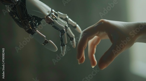 Robot hand about to touch a human hand. generative ai
