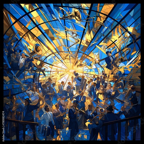 Joyous Mardi Gras Ensemble - Vibrant Music Scene Illustration with Stained Glass Flair