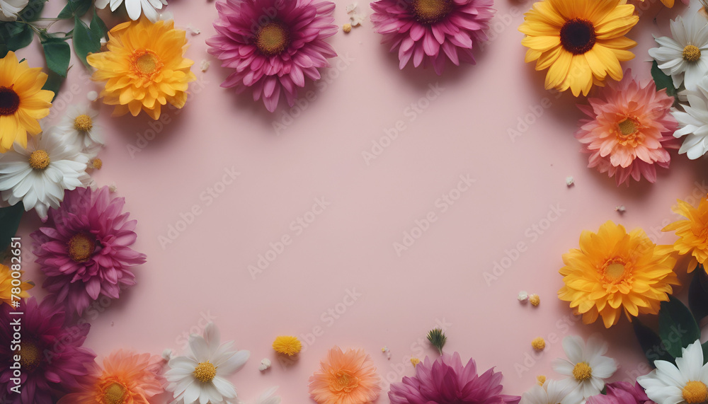 A border of pink and yellow flowers with lush green leaves against a pastel pink background.