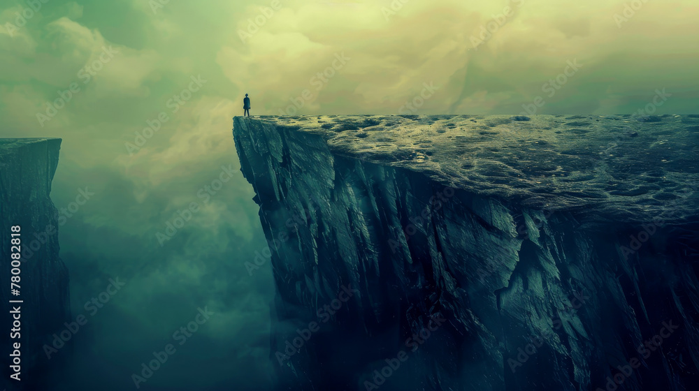 A compelling and moody image of a single person contemplating at the cliff edge, engulfed by mist and vastness, evoking feelings of solitude - obrazy, fototapety, plakaty 
