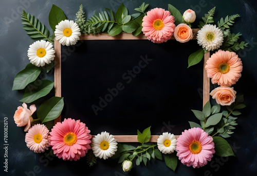 flower frame with blackboard on a blackboard background