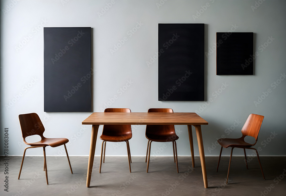 a dining table with four chairs and a black wall a dining table with four chairs and a black wall