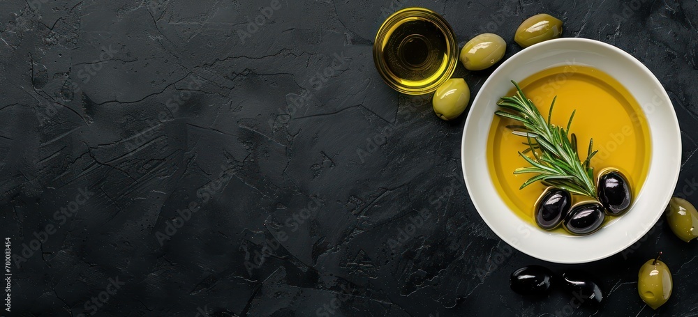 White bowls filled with golden olive oil arranged against a sleek black background, offering a luxurious and elegant culinary composition.
