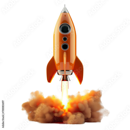 A orange rocket takes off. Spaceship begins the mission. Isolated on white background.
