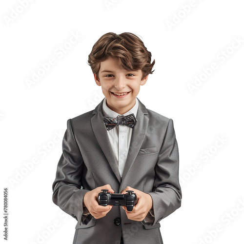 12 years old boy standing and using joy stick, smiling, front view ,with grey suit, isolated on white background.