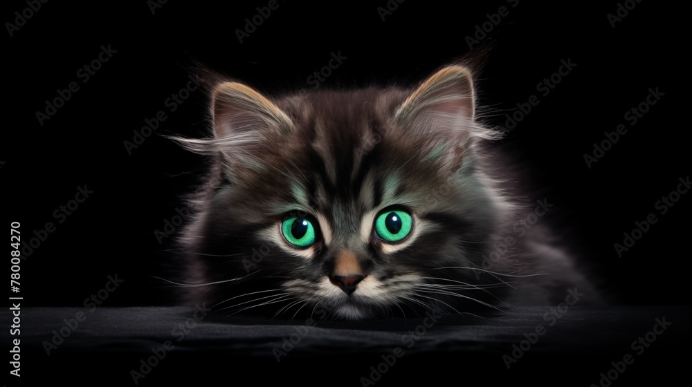Fluffy kitten staring with spooky green eyes on black background.