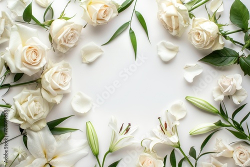 White roses, lilies, and verdant foliage encircle an empty area, offering a tranquil and refreshing setting.
