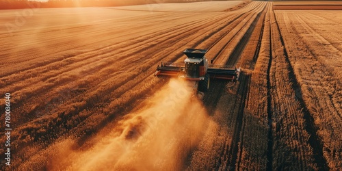 Combine harvester on the field at sunset. Aerial view photo