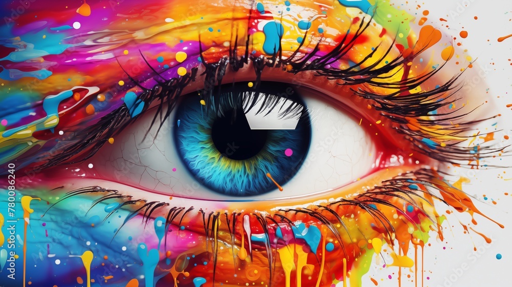 human eye close up with colorful paint , ink splashes and drips.