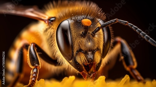 honey bee head close up macro view, collecting pollen. © Muzamil