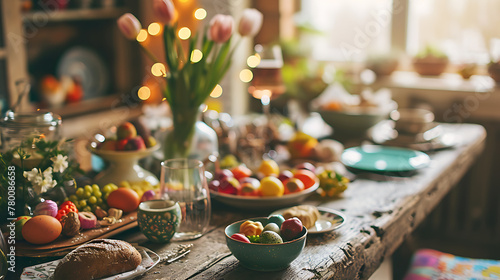 Hosting gatherings with loved ones, enjoying Easter treats, and creating cherished memories during the joyous celebration. Copy Space. photo