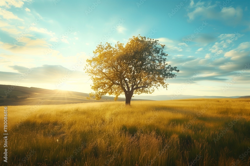Solitary Tree in Golden Field at Sunset Solitary Tree in Golden Field at Sunset