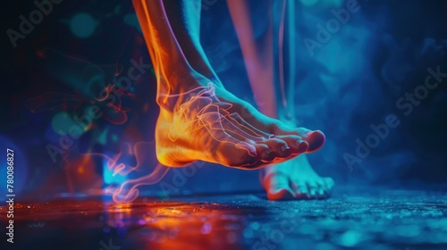 X-ray view presenting foot pain, aiding in the diagnosis and treatment of conditions such as fractures, sprains, and plantar fasciitis. 
