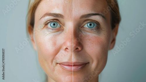 Comparing a woman's skin before and after treatment shows the impact of aging and the benefits of beauty treatments. photo