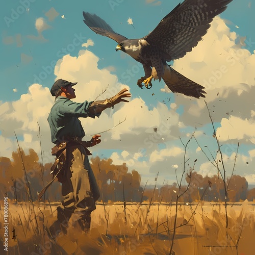 Master falconer in action, releasing a trained hawk to the sky. An immersive portrayal capturing the essence of ancient hunting arts and the bond between human and avian. photo